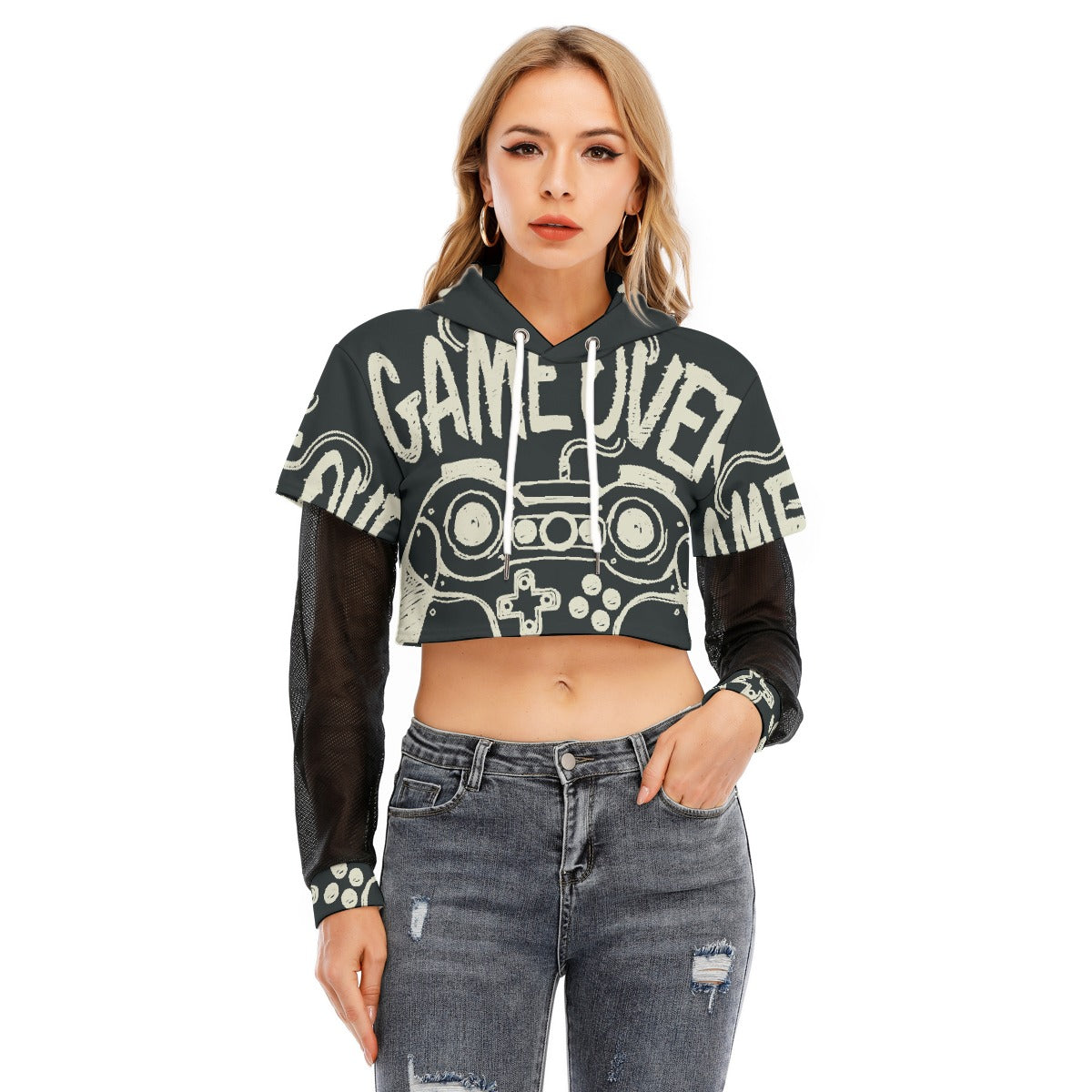All-Over Print Women's Fake Two-piece Mesh Sleeve Cropped Hoodie