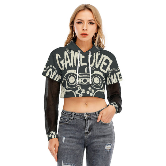 All-Over Print Women's Fake Two-piece Mesh Sleeve Cropped Hoodie