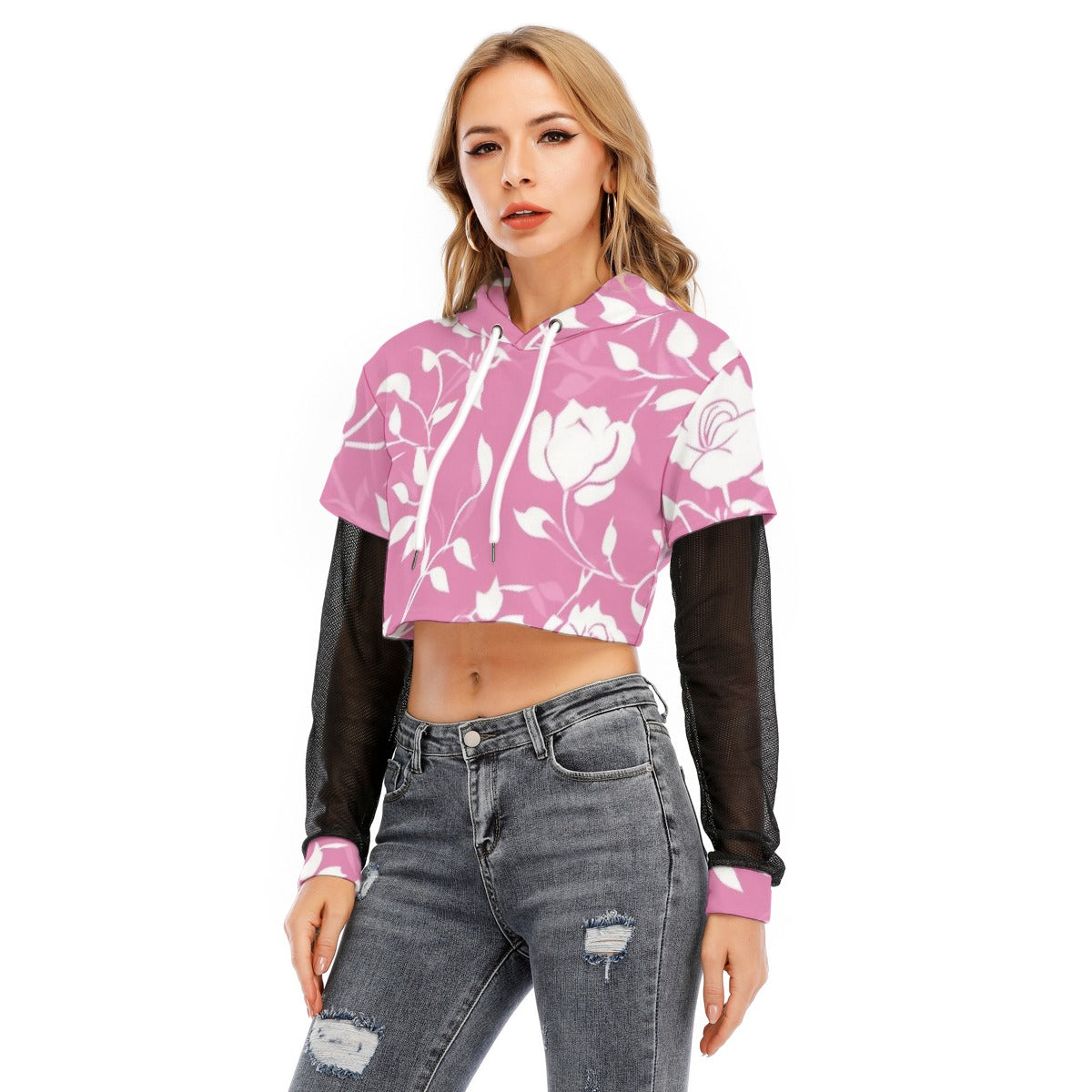 All-Over Print Women's Fake Two-piece Mesh Sleeve Cropped Hoodie