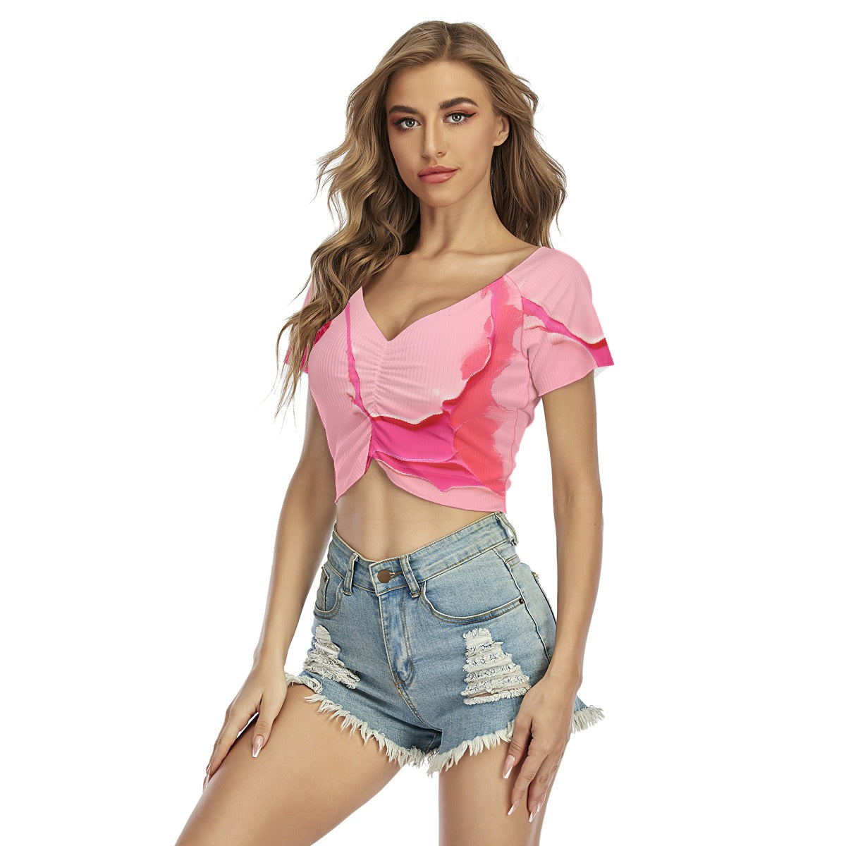 All-Over Print Women's Raglan Drawstring Front  Crop Tee