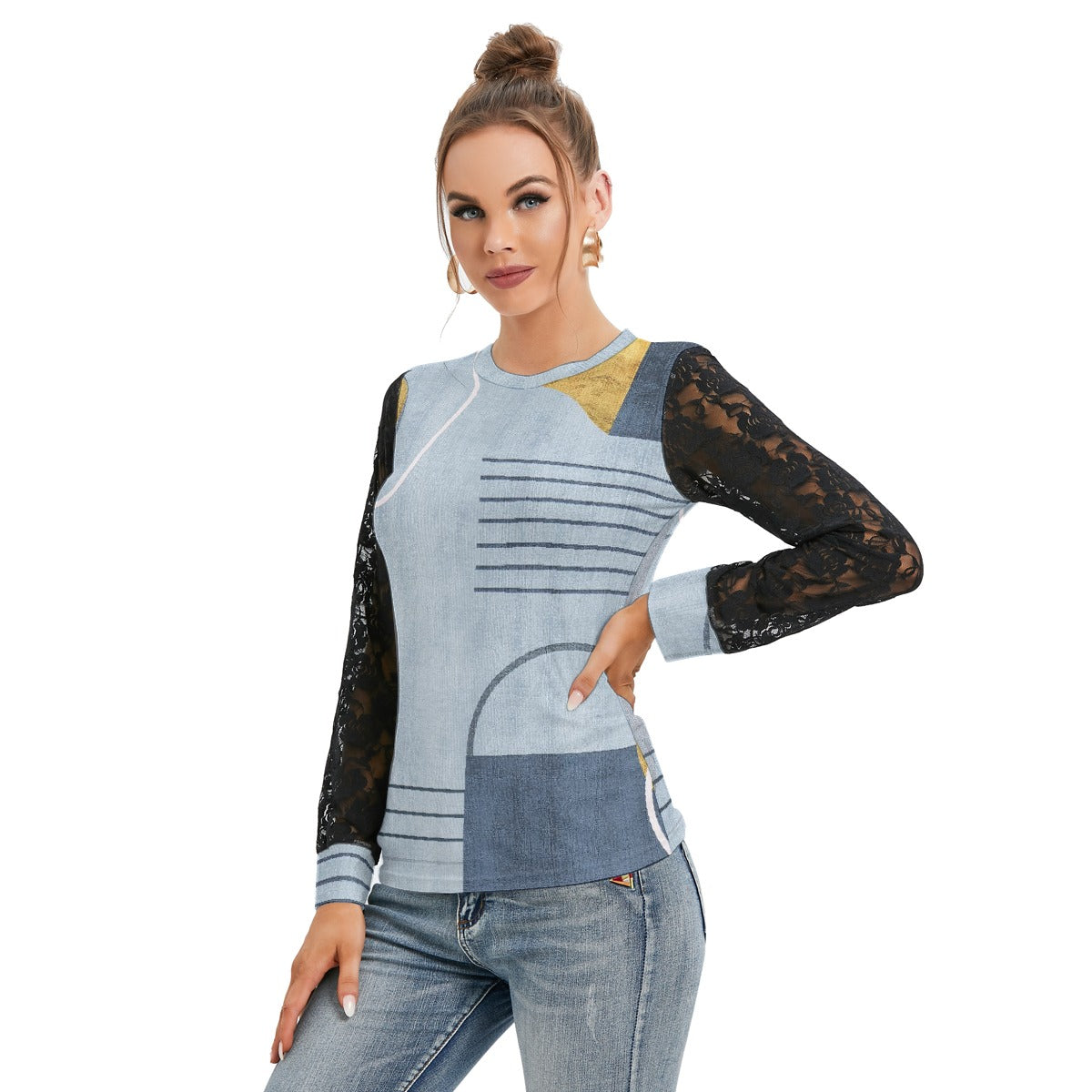 All-Over Print Women's T-shirt And Sleeve With Black Lace