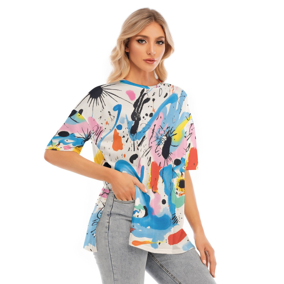 All-Over Print Women's Short Sleeves T-shirt With Hem Split