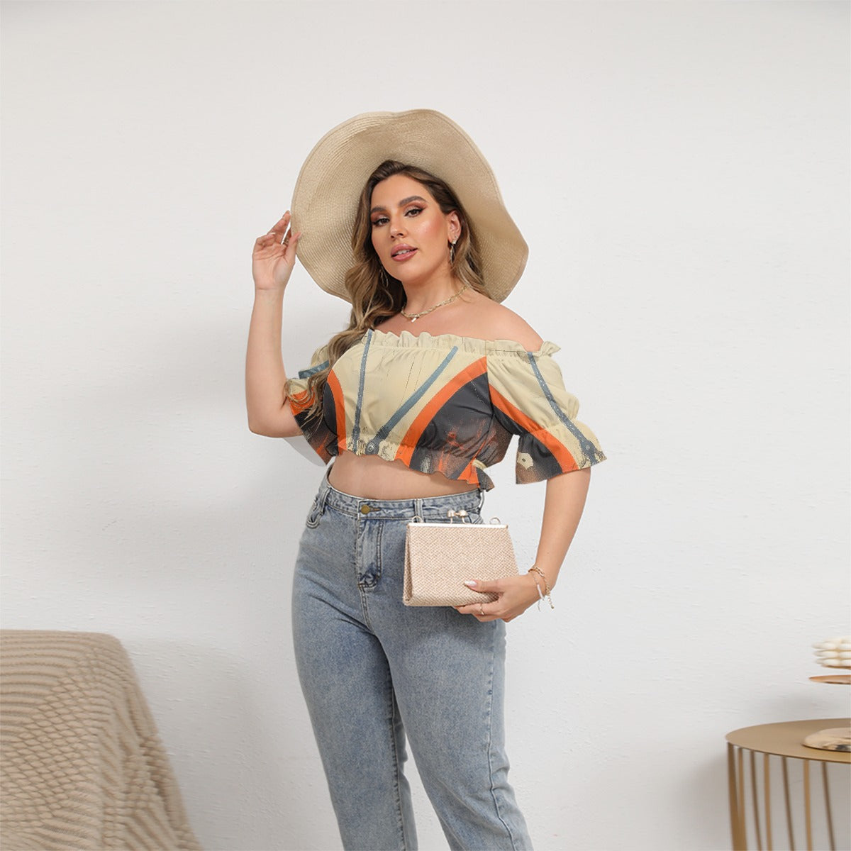 All-Over Print Women's Off-shoulder Cropped Top With Short Puff Sleeve