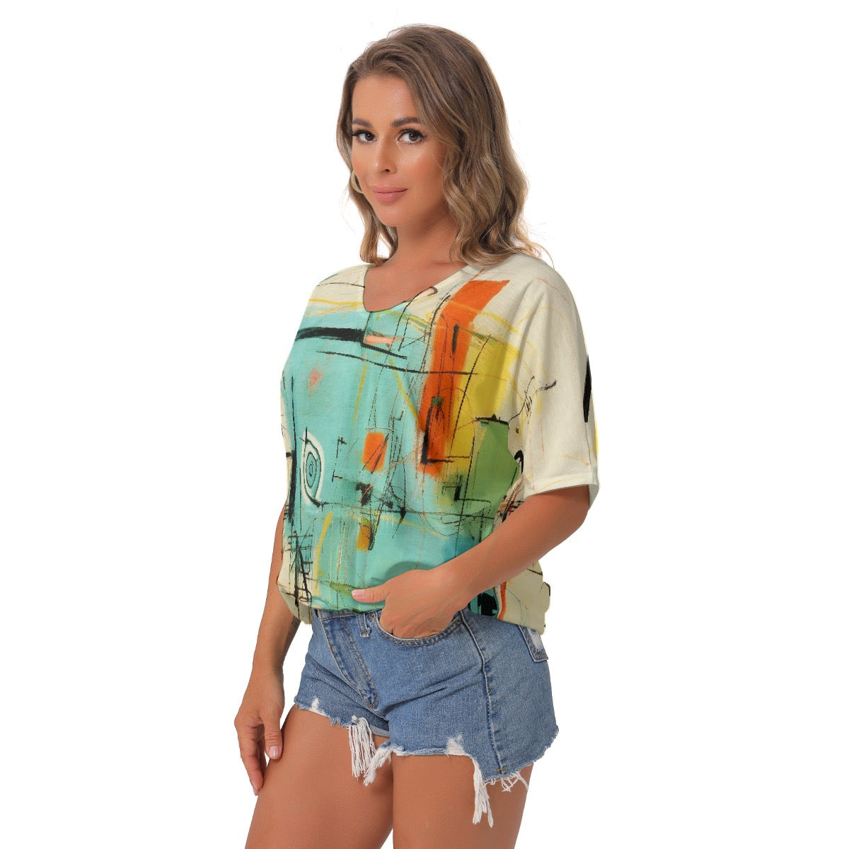 All-Over Print Women's Bat Sleeves V-Neck Blouse