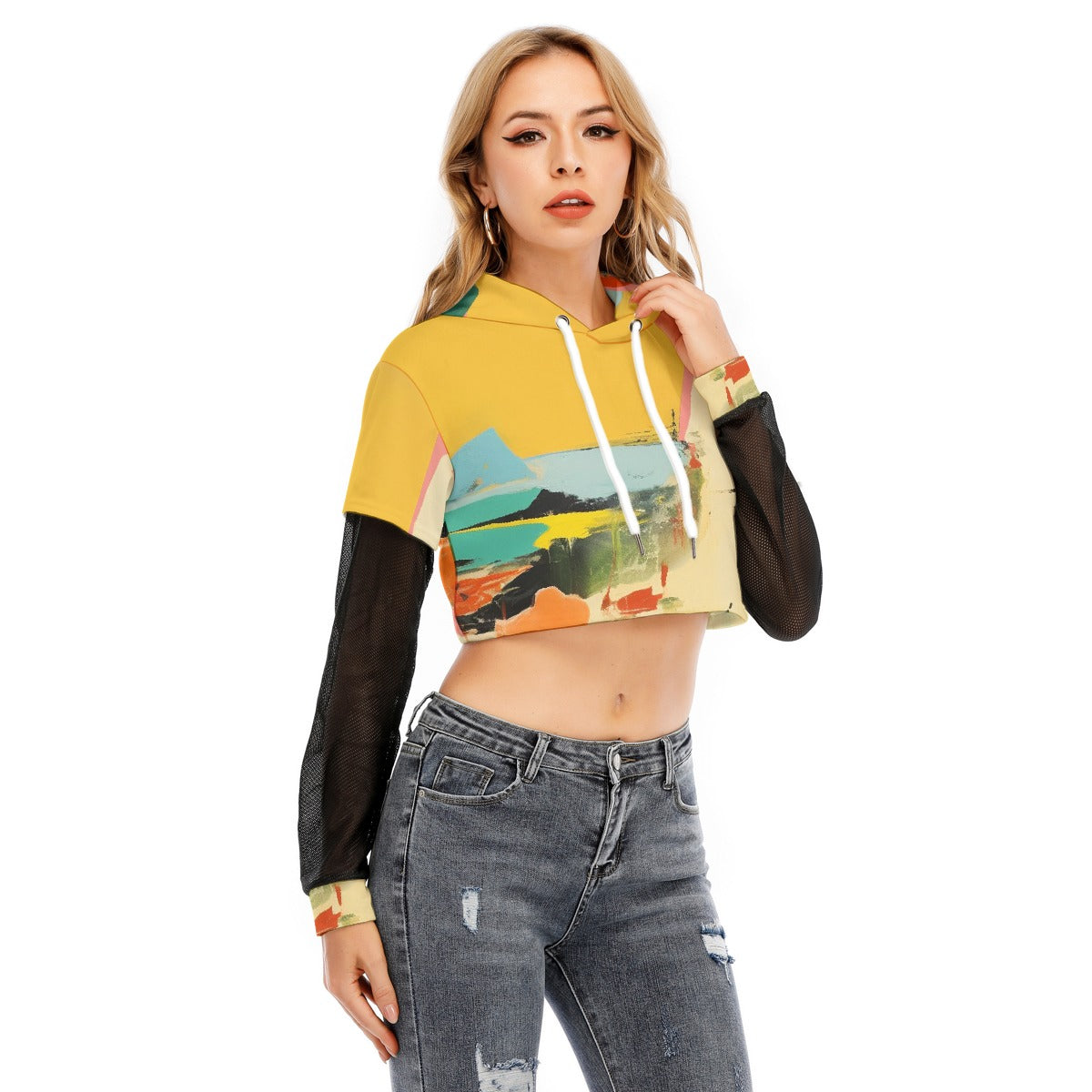 All-Over Print Women's Fake Two-piece Mesh Sleeve Cropped Hoodie