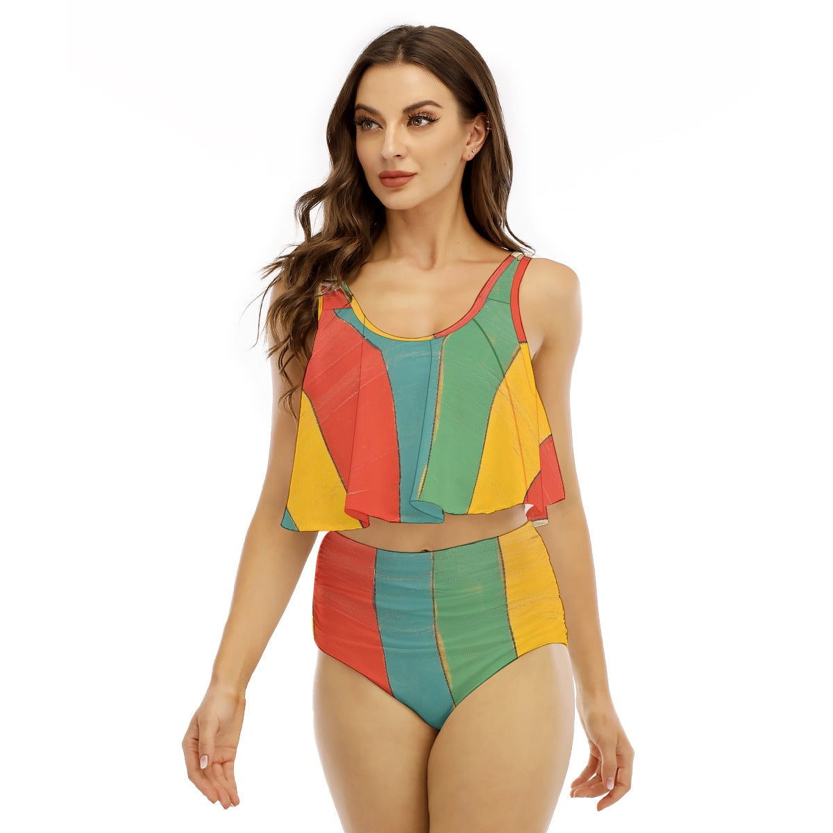 All-Over Print Women's Ruffled Vest Bikini Swimsuit