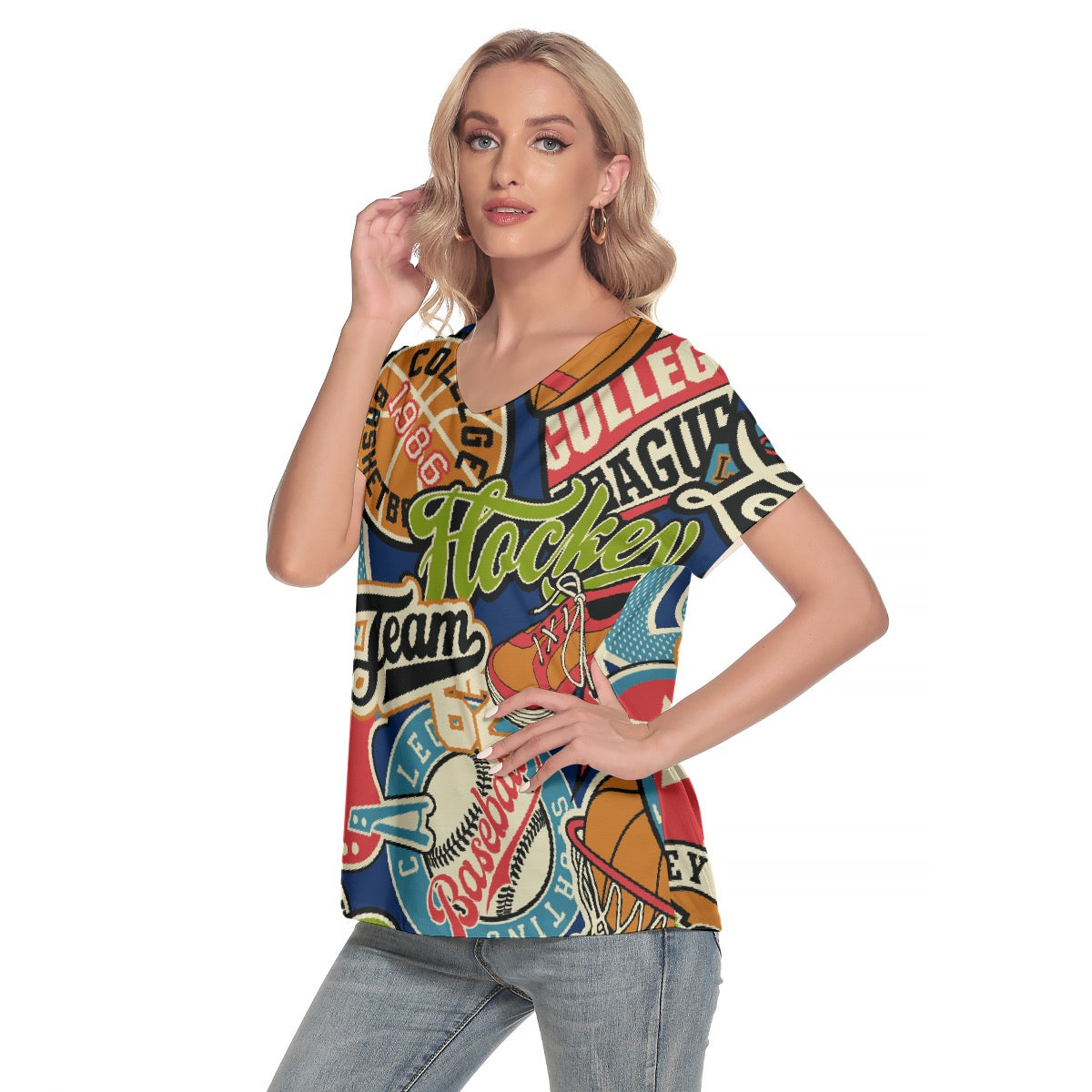 All-Over Print Women's Loose V-neck Short Sleeve T-shirt