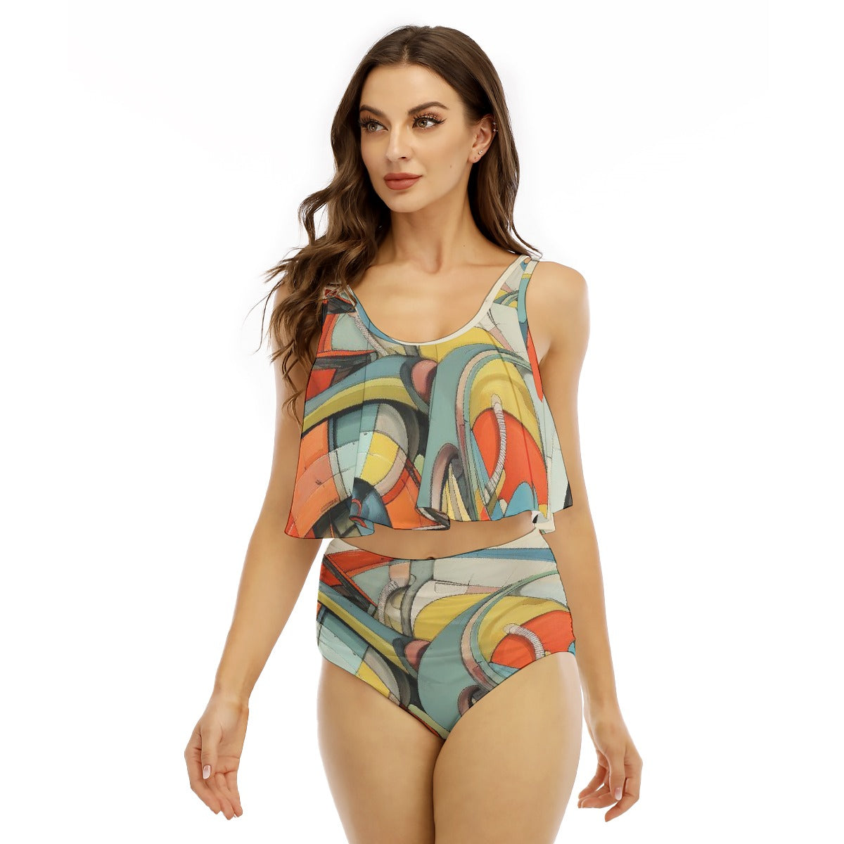 All-Over Print Women's Ruffled Vest Bikini Swimsuit