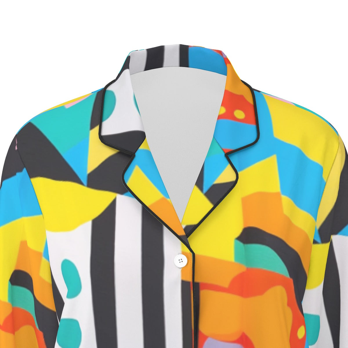 All-Over Print Women's Long Sleeve Pajama Set With Black Contrast Piping