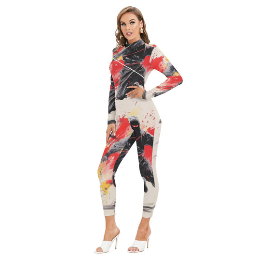 All-Over Print Women's Long-sleeved High-neck Jumpsuit With Zipper