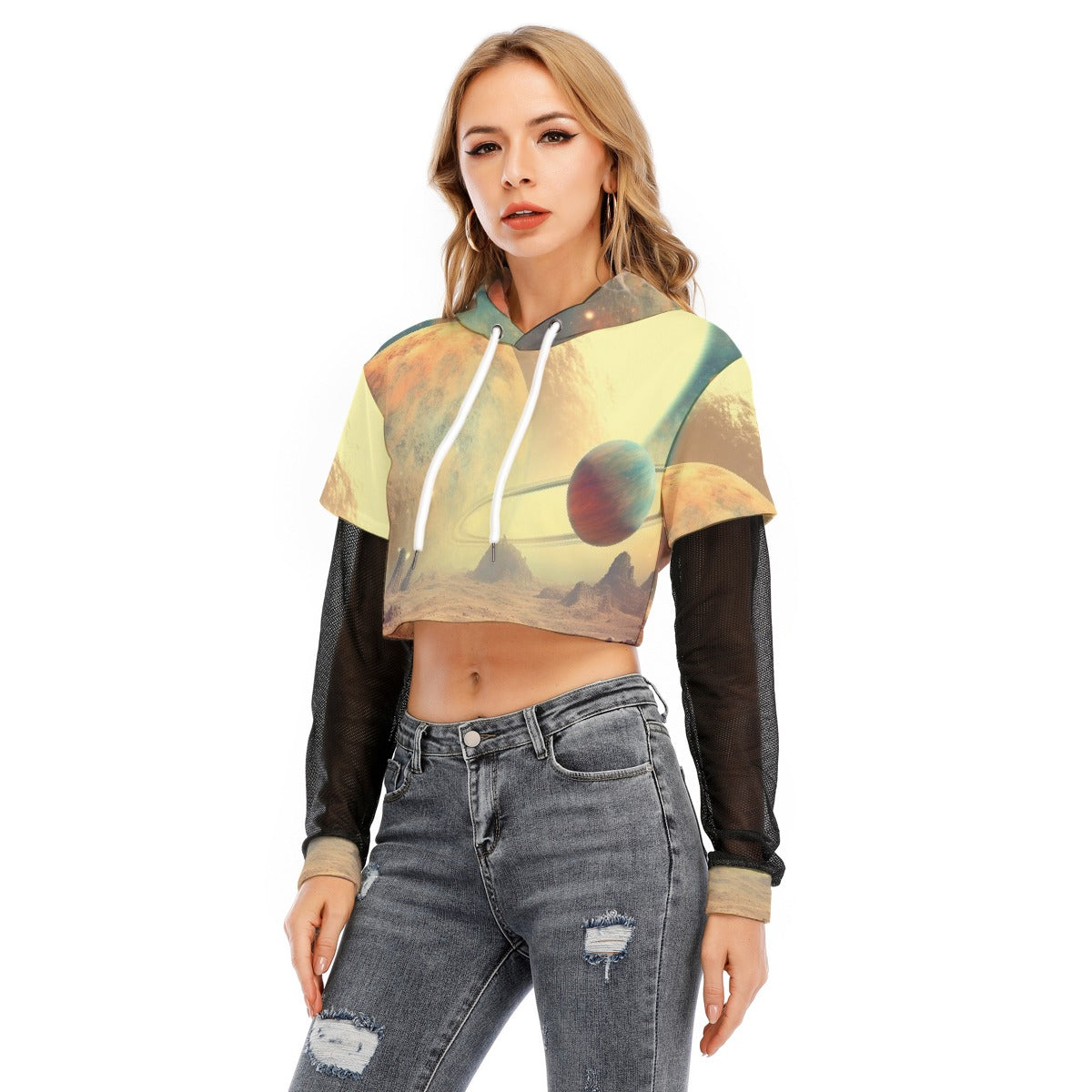 All-Over Print Women's Fake Two-piece Mesh Sleeve Cropped Hoodie