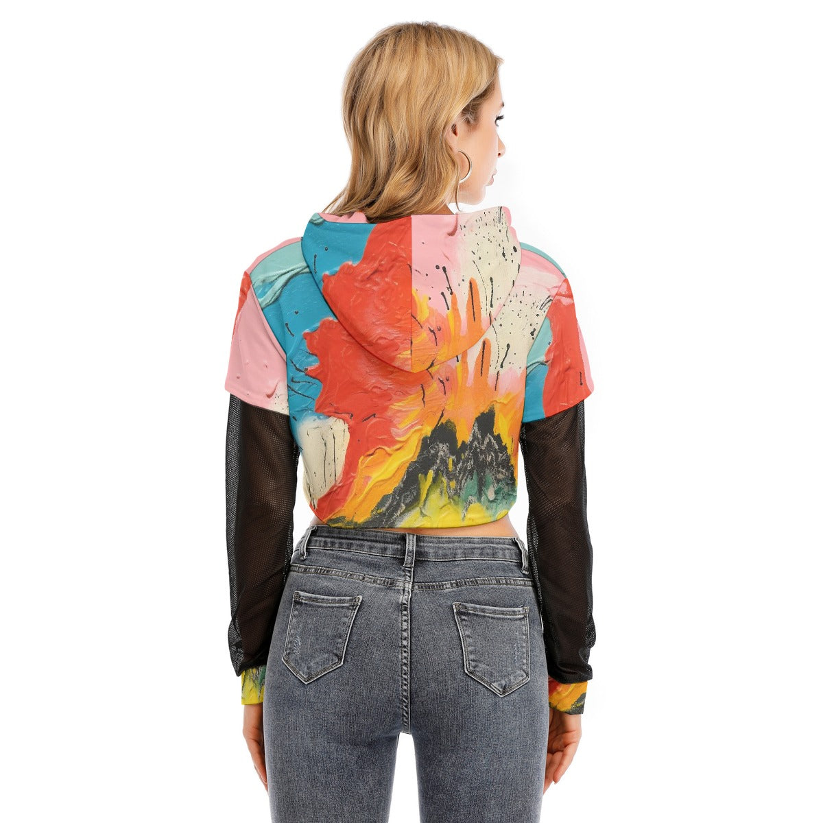 All-Over Print Women's Fake Two-piece Mesh Sleeve Cropped Hoodie