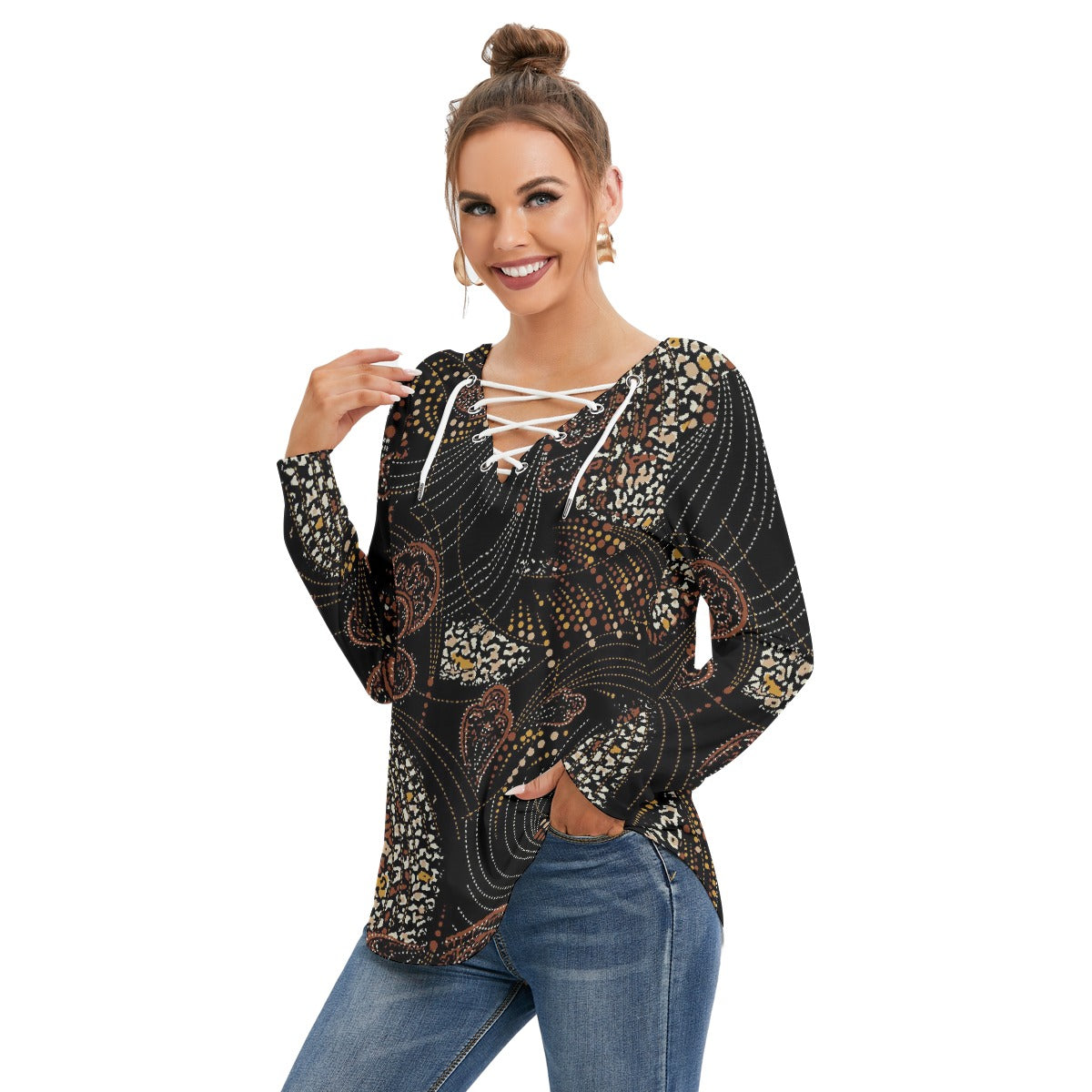 All-Over Print Women's Long Sleeve Neckline Tie Sweatshirt