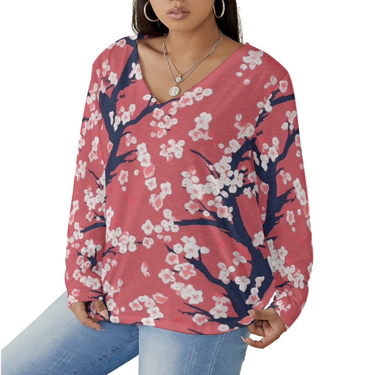 All-Over Print Women's V-neck T-shirt With Curved Hem(Plus Size)