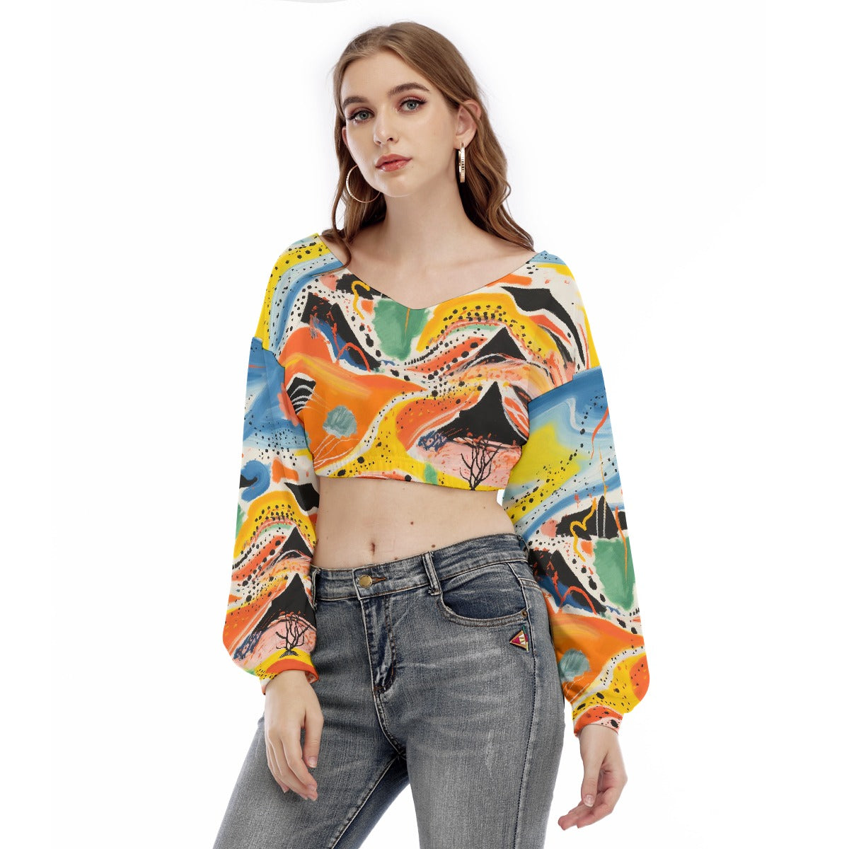 All-Over Print Women's V-neck Long Sleeve Cropped Sweatshirt