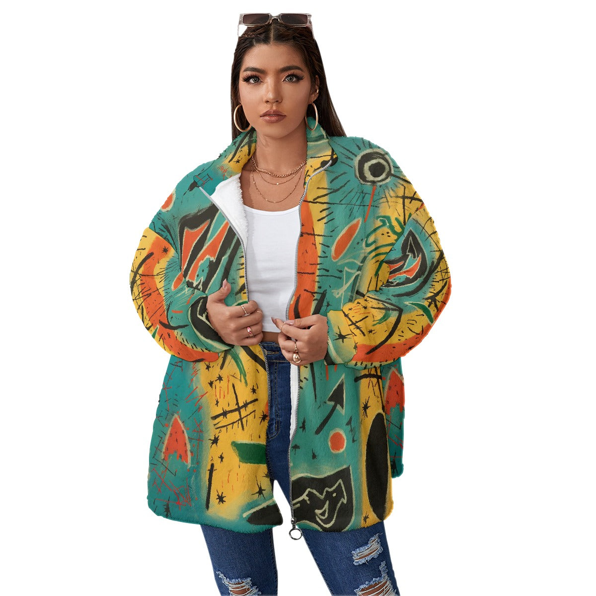 All-Over Print Unisex Borg Fleece Stand-up Collar Coat With Zipper Closure(Plus Size)