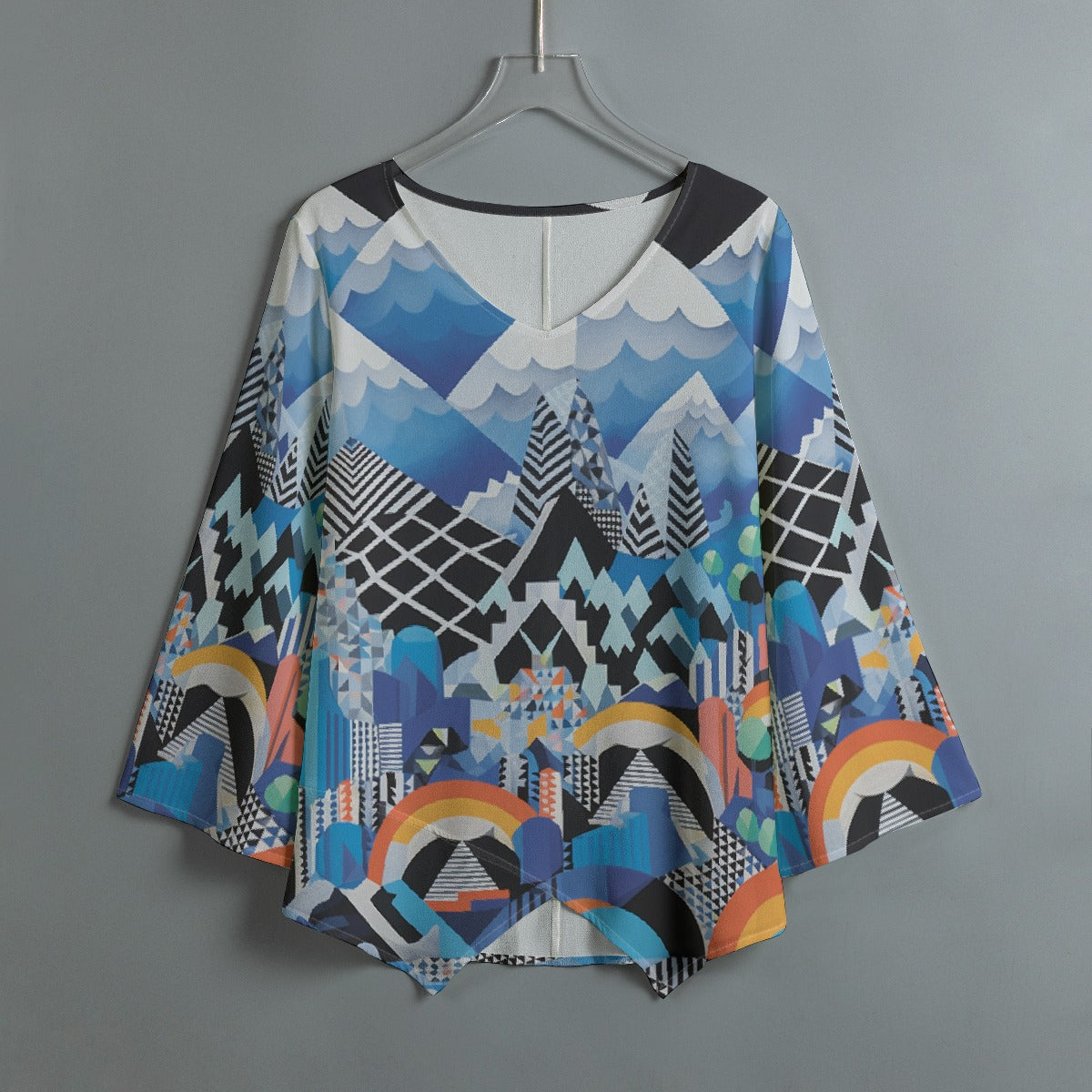 All-Over Print Women's V-neck T-shirt With Irregular Hem