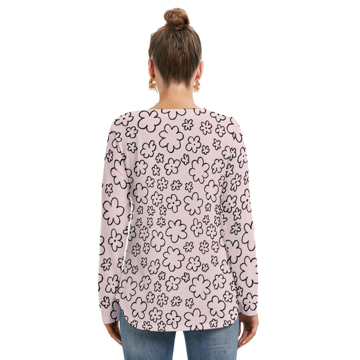 All-Over Print Women's Long Sleeve Neckline Tie Sweatshirt