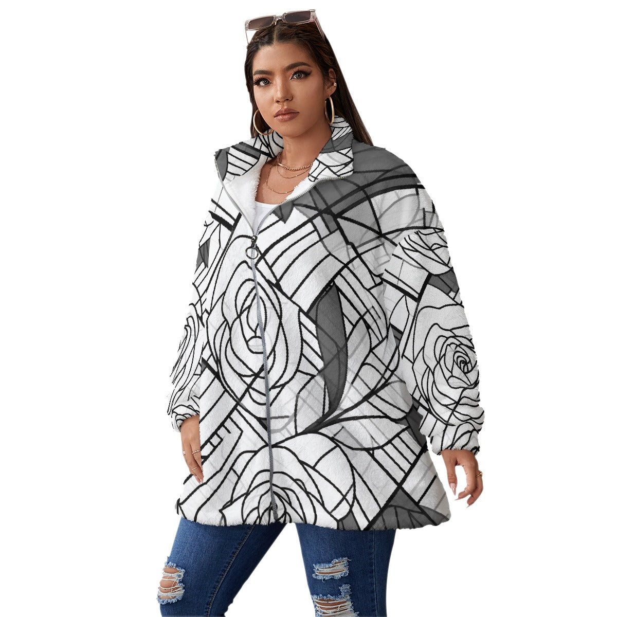 All-Over Print Unisex Borg Fleece Stand-up Collar Coat With Zipper Closure(Plus Size)