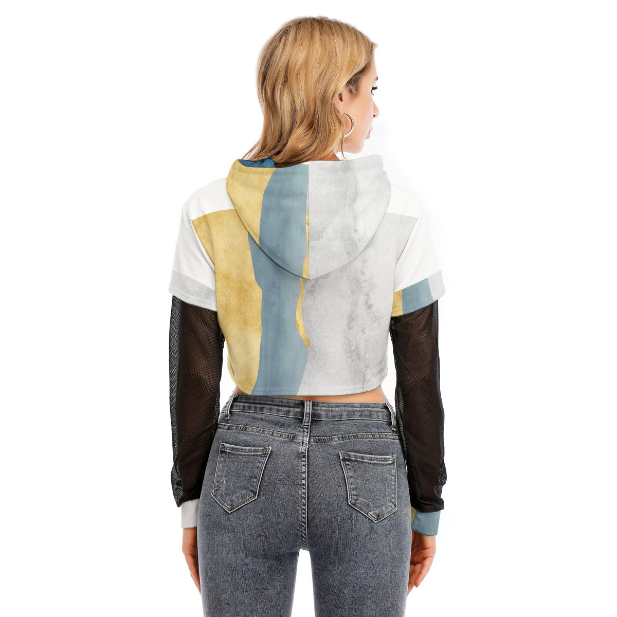 All-Over Print Women's Fake Two-piece Mesh Sleeve Cropped Hoodie