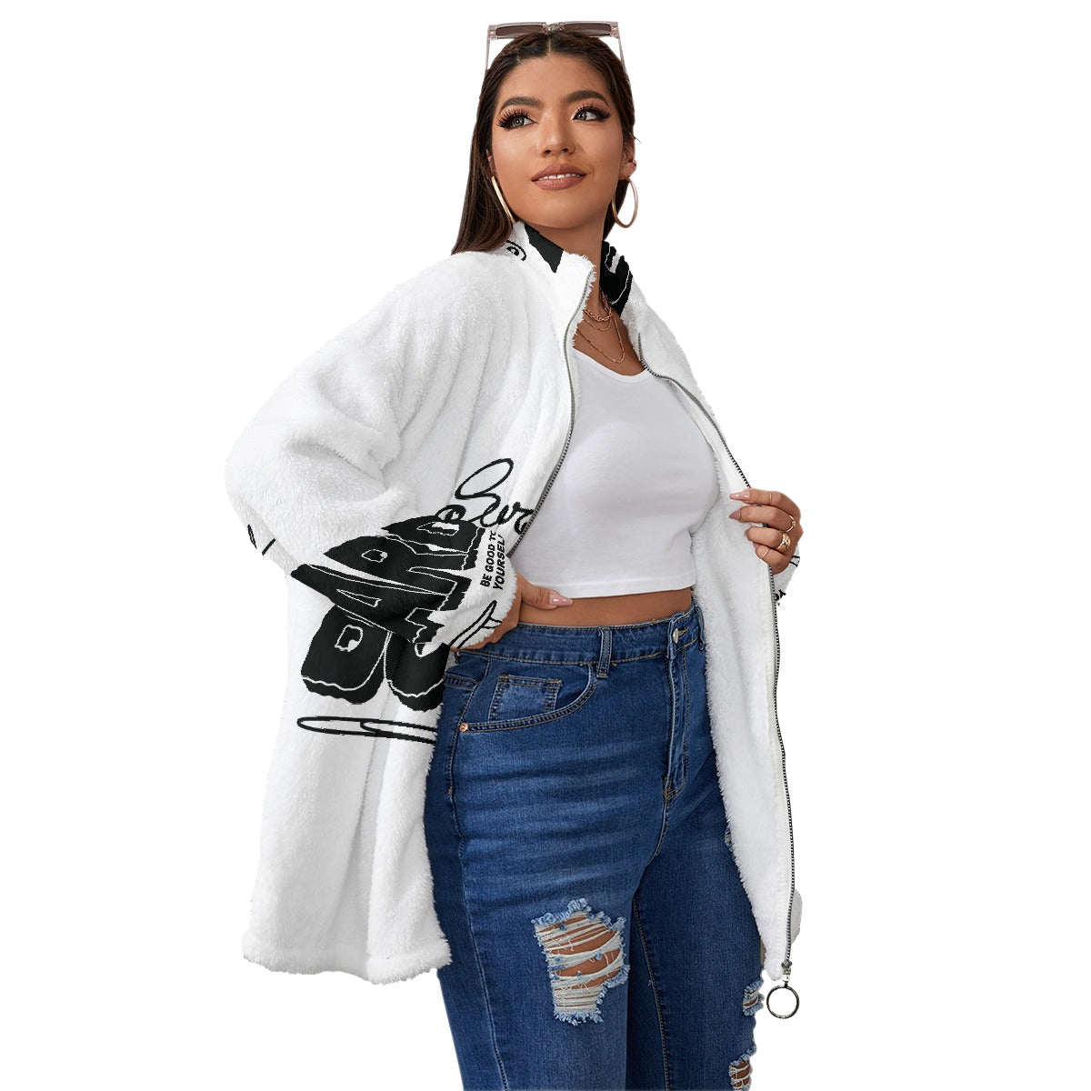 All-Over Print Unisex Borg Fleece Stand-up Collar Coat With Zipper Closure(Plus Size)