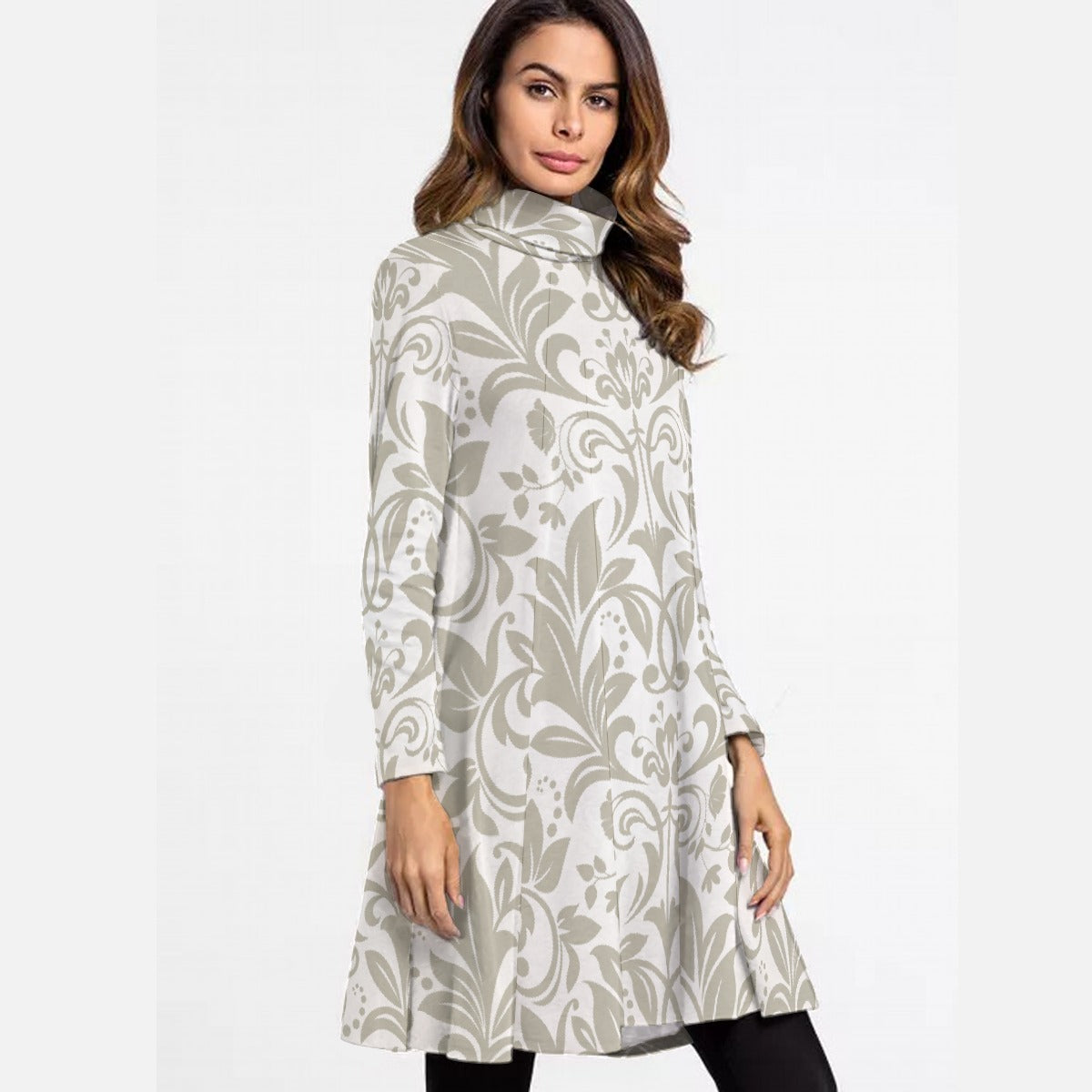 All-Over Print Women's High Neck Dress With Long Sleeve