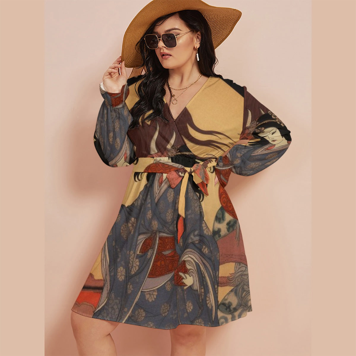 All-Over Print Women's V-neck Dress With Waistband(Plus Size)