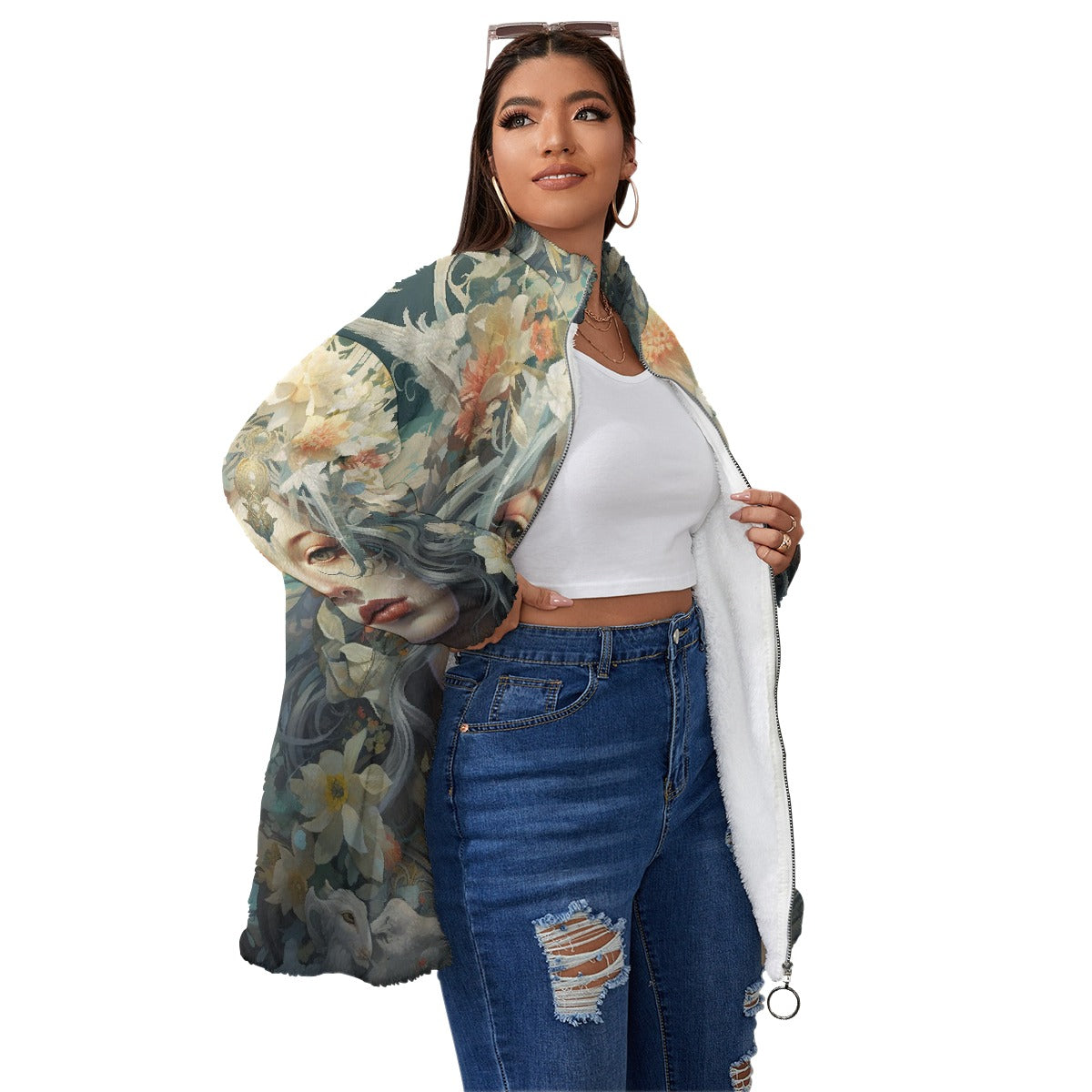 All-Over Print Unisex Borg Fleece Stand-up Collar Coat With Zipper Closure(Plus Size)