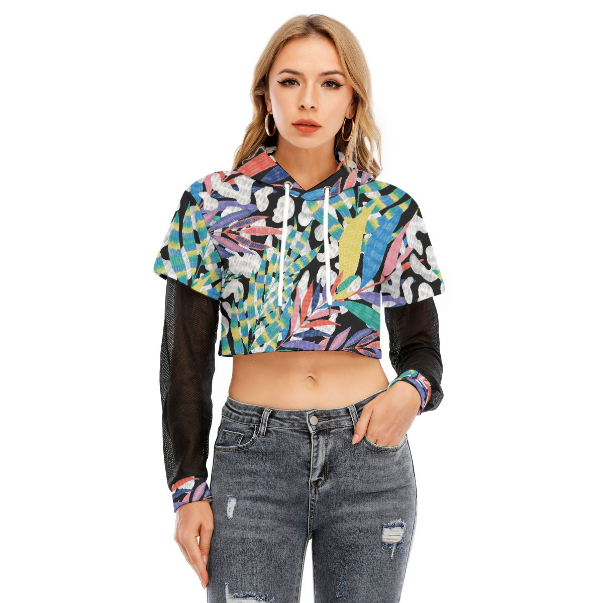 All-Over Print Women's Fake Two-piece Mesh Sleeve Cropped Hoodie