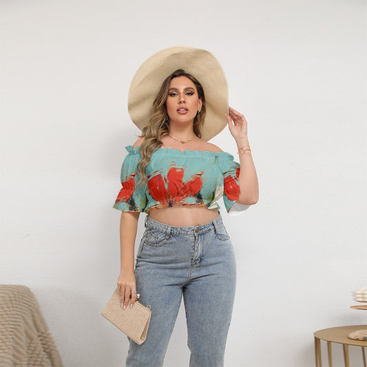 All-Over Print Women's Off-shoulder Cropped Top With Short Puff Sleeve