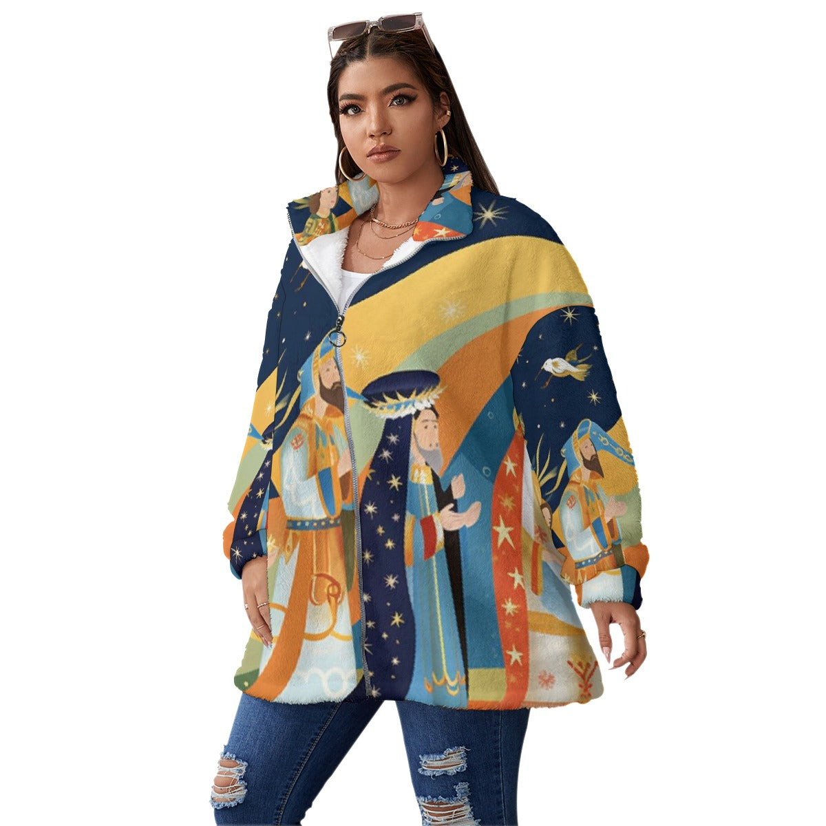 All-Over Print Unisex Borg Fleece Stand-up Collar Coat With Zipper Closure(Plus Size)