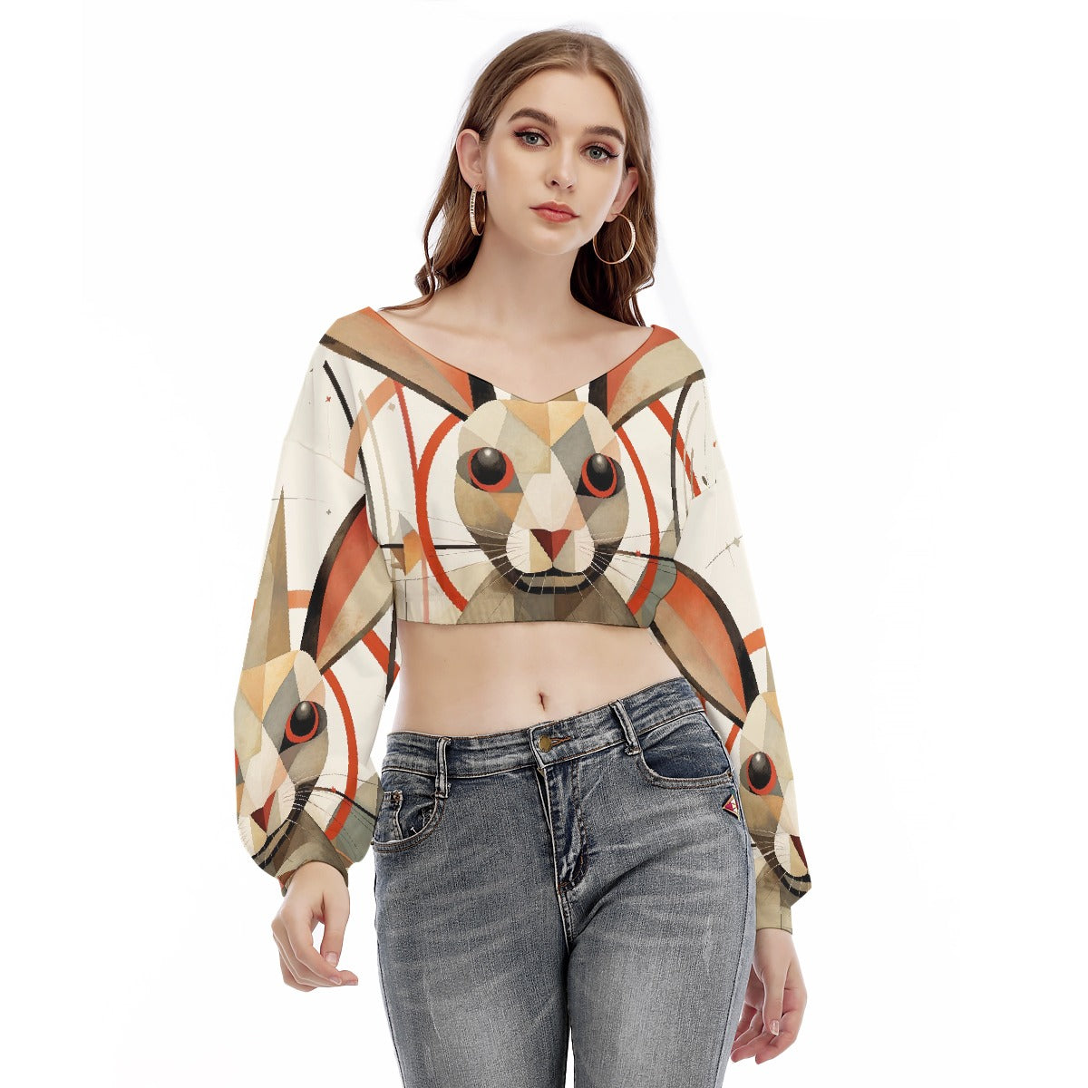 All-Over Print Women's V-neck Long Sleeve Cropped Sweatshirt