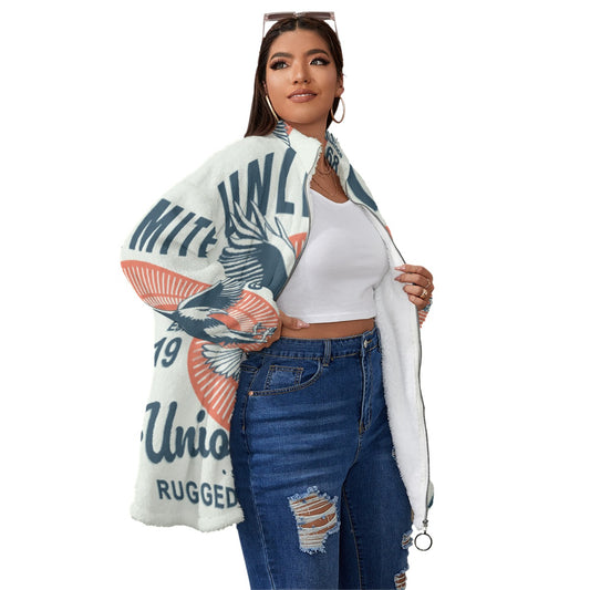 All-Over Print Unisex Borg Fleece Stand-up Collar Coat With Zipper Closure(Plus Size)