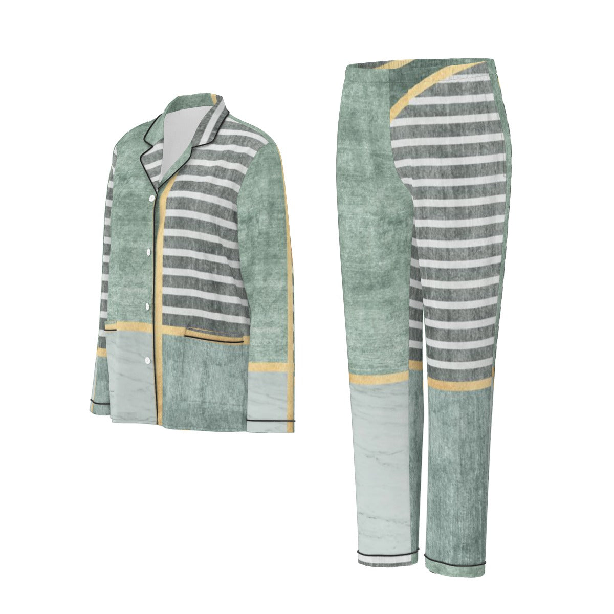 All-Over Print Women's Long Sleeve Pajama Set With Black Contrast Piping