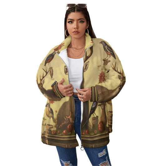 All-Over Print Unisex Borg Fleece Stand-up Collar Coat With Zipper Closure(Plus Size)