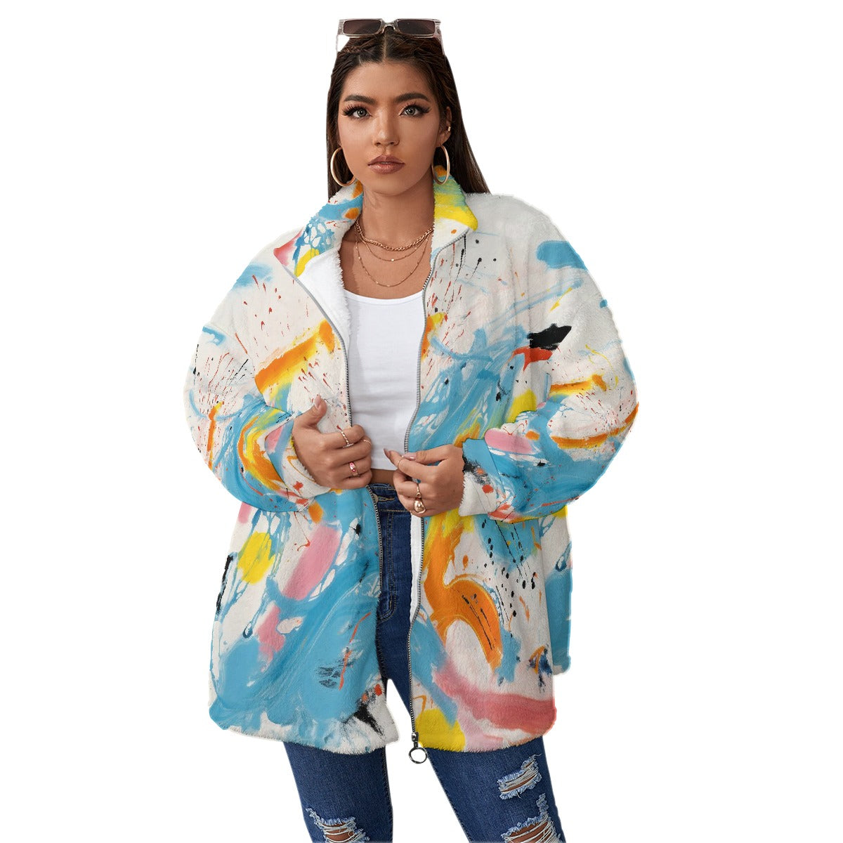 All-Over Print Unisex Borg Fleece Stand-up Collar Coat With Zipper Closure(Plus Size)