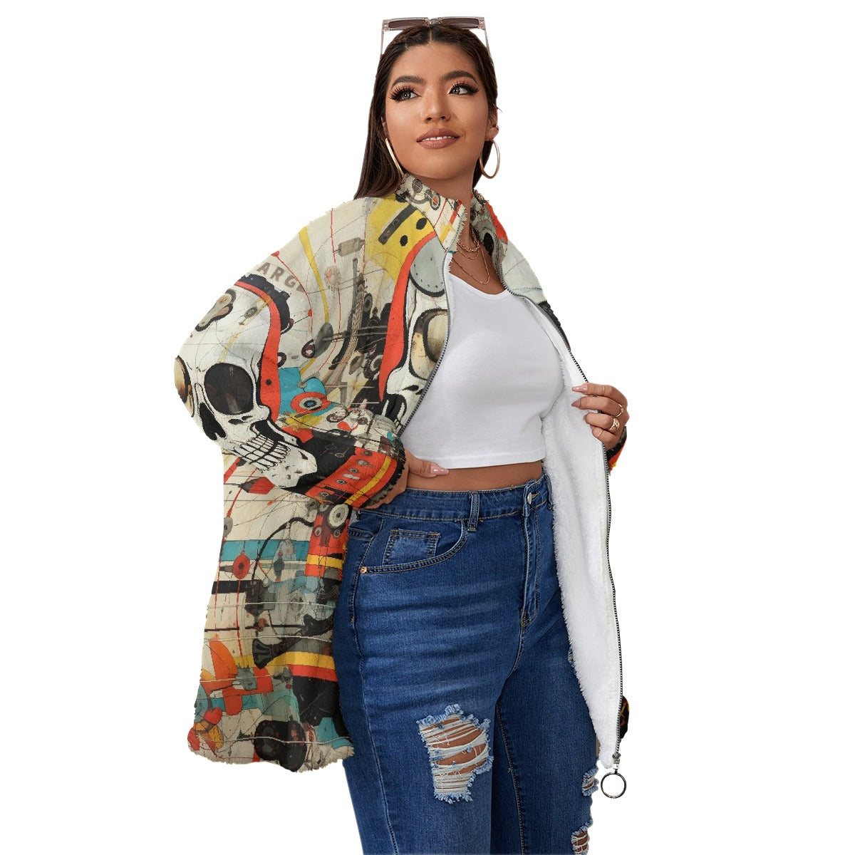 All-Over Print Unisex Borg Fleece Stand-up Collar Coat With Zipper Closure(Plus Size)