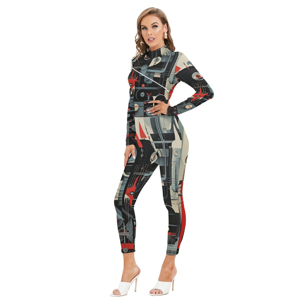 All-Over Print Women's Long-sleeved High-neck Jumpsuit With Zipper