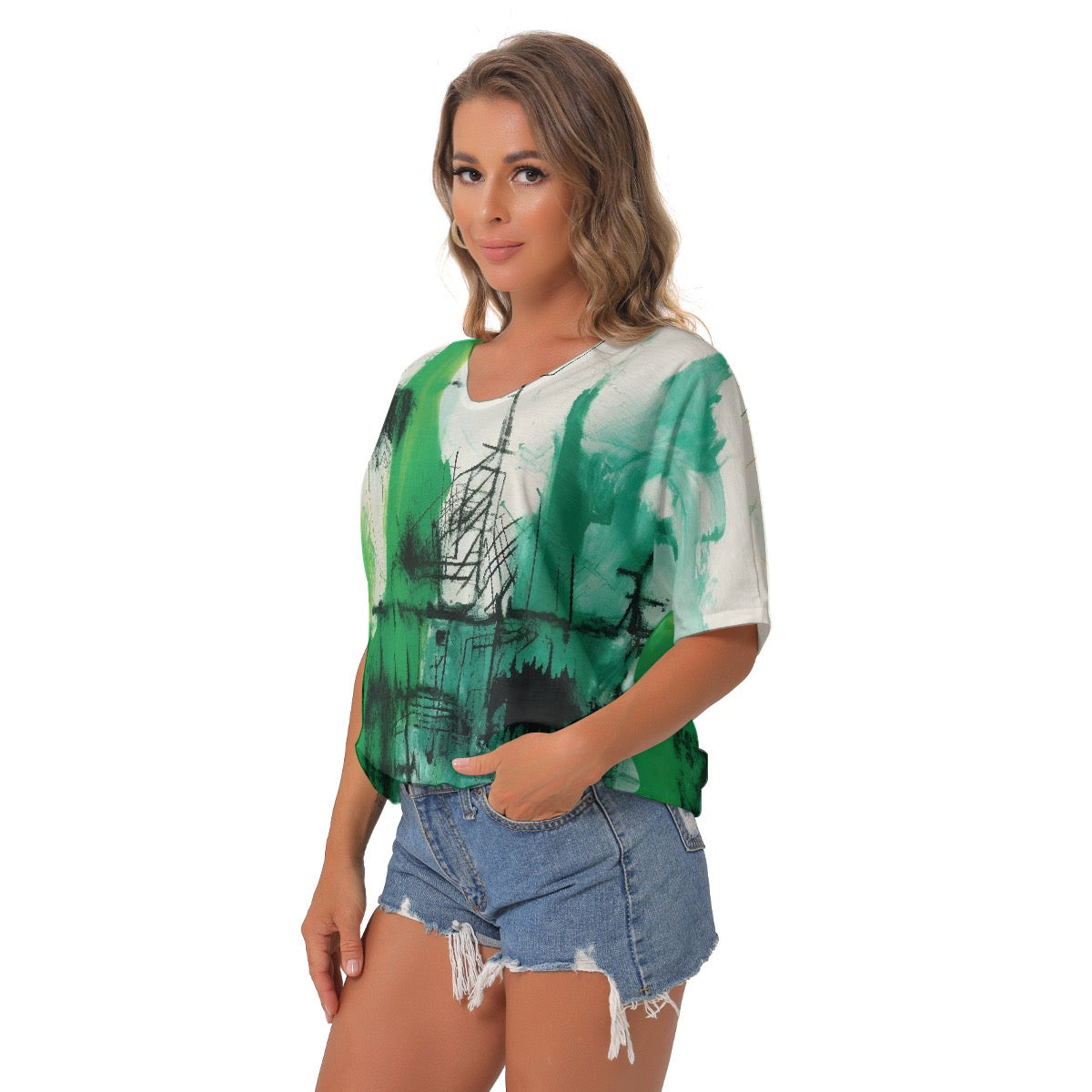All-Over Print Women's Bat Sleeves V-Neck Blouse