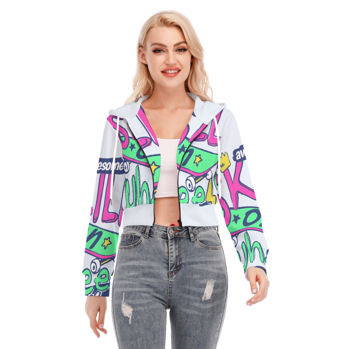 All-Over Print Women's Crop Top Hoodie With Zipper Closure