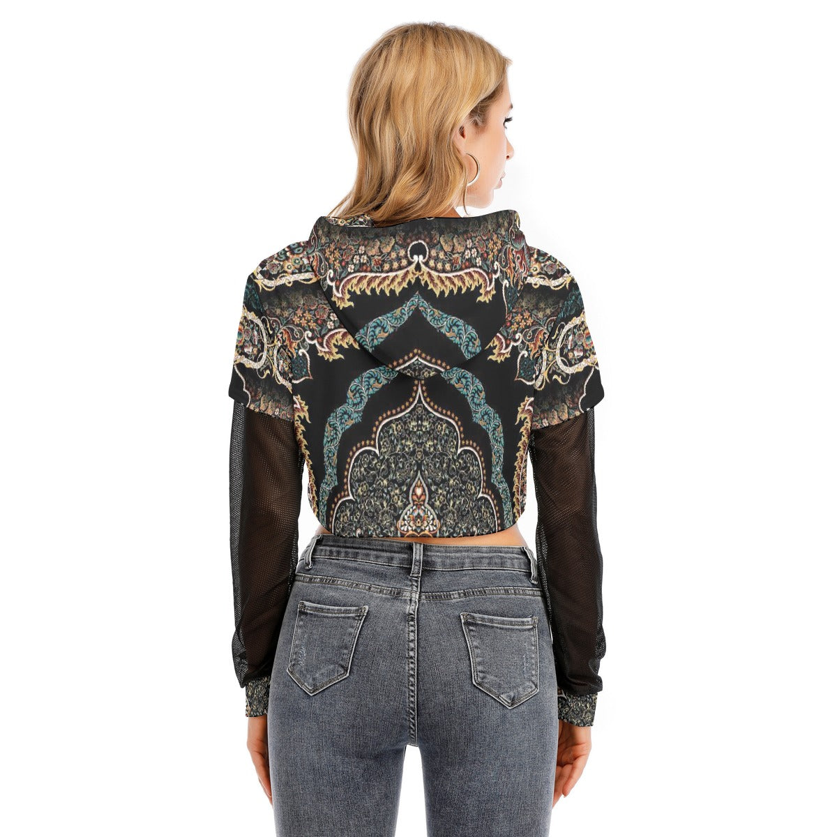All-Over Print Women's Fake Two-piece Mesh Sleeve Cropped Hoodie