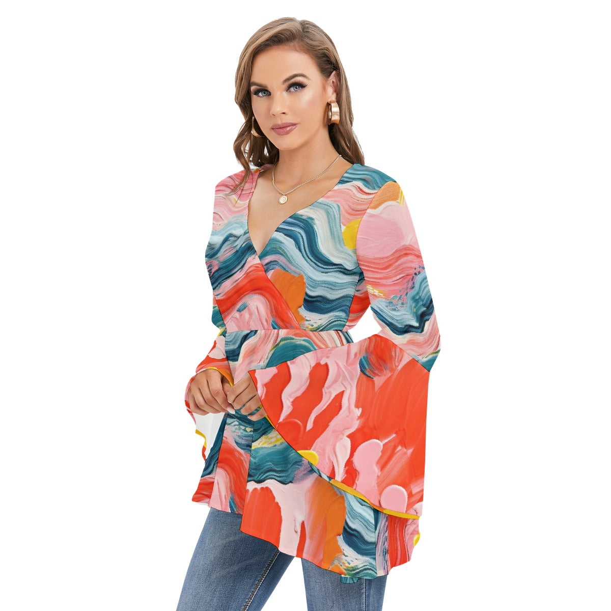 All-Over Print Women's V-neck Blouse With Flared Sleeves