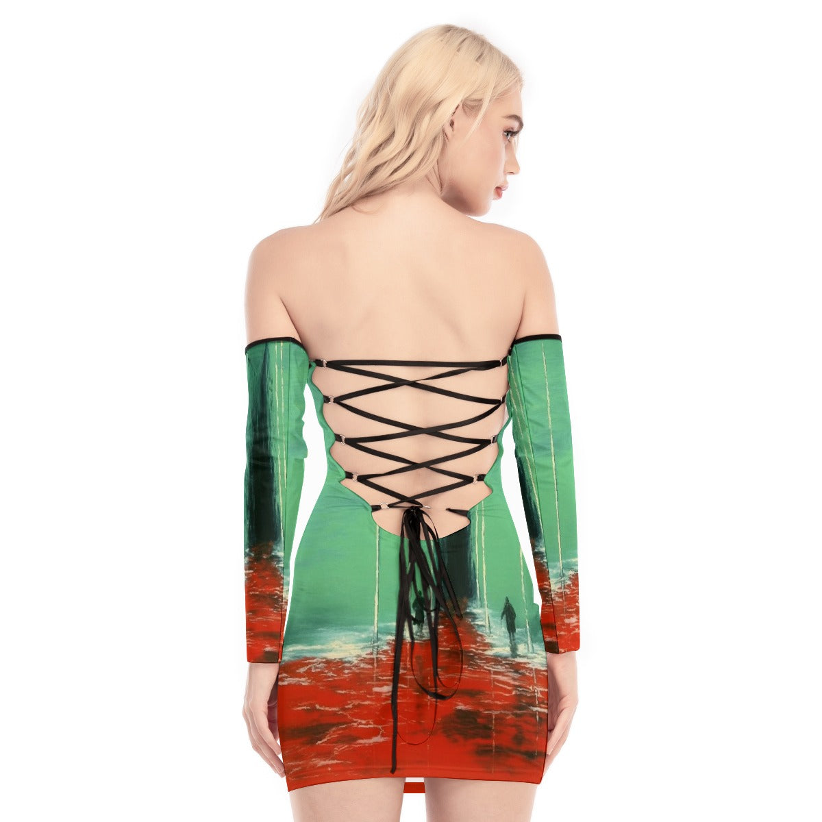 All-Over Print Women's Off-shoulder Back Lace-up Dress