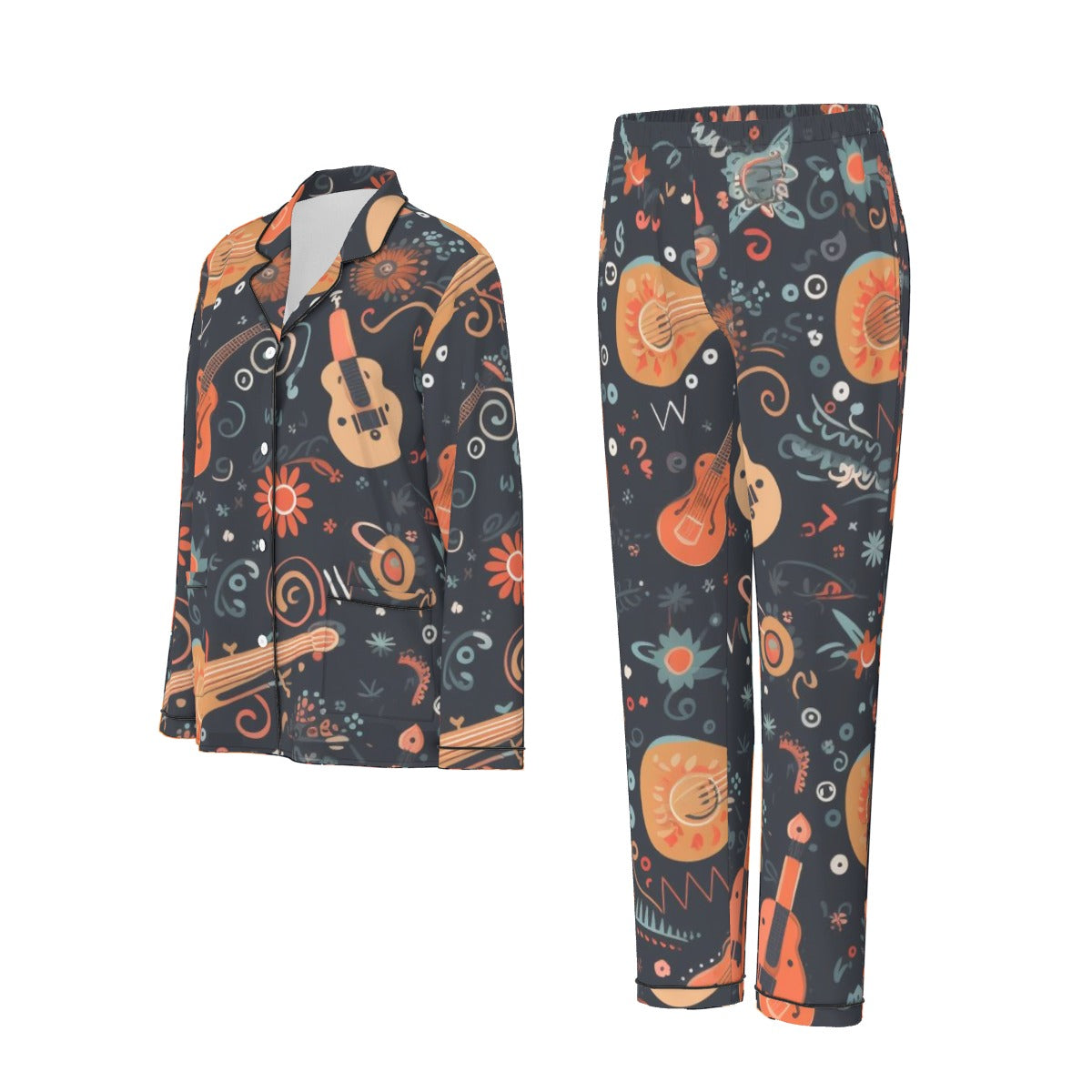 All-Over Print Women's Long Sleeve Pajama Set With Black Contrast Piping