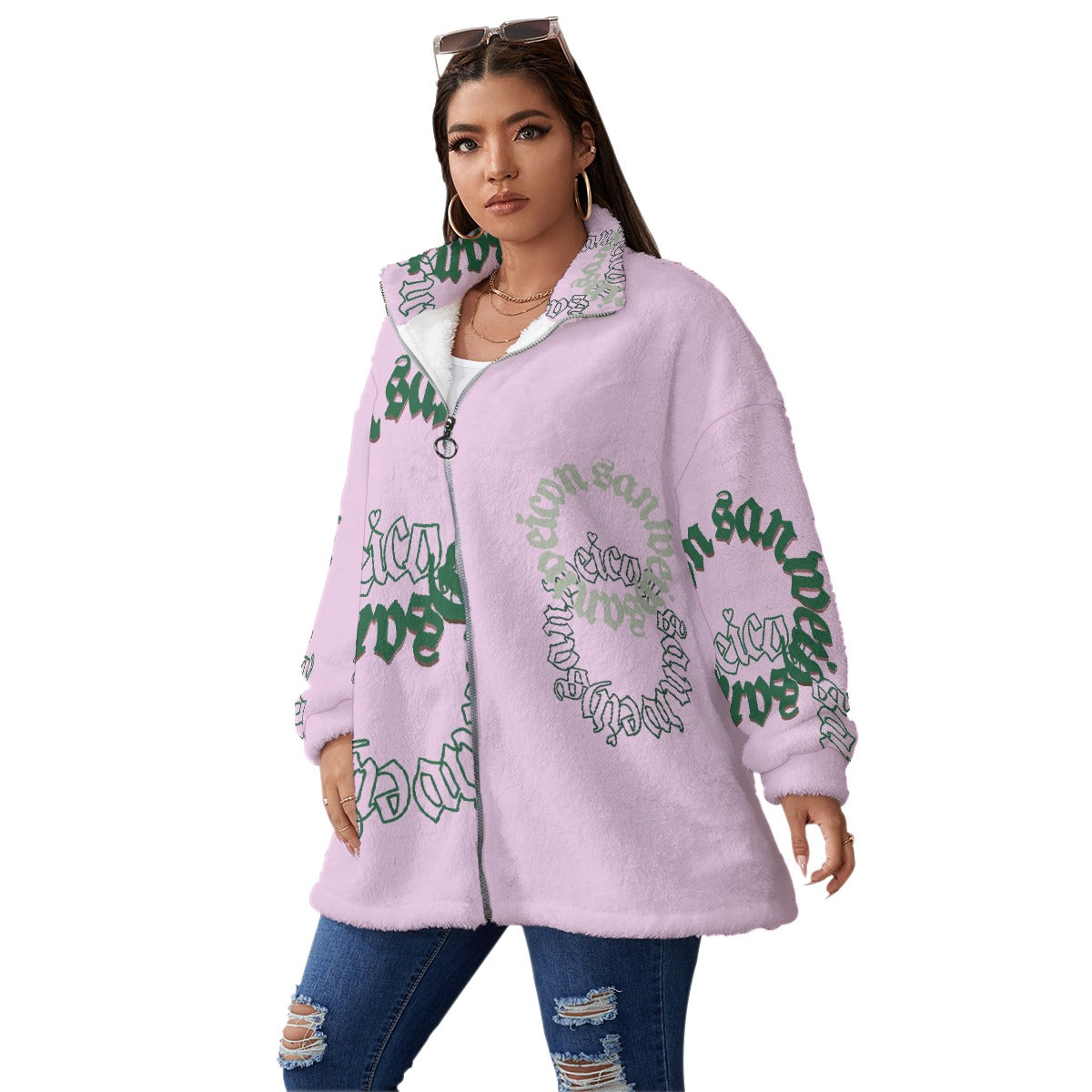 All-Over Print Unisex Borg Fleece Stand-up Collar Coat With Zipper Closure(Plus Size)