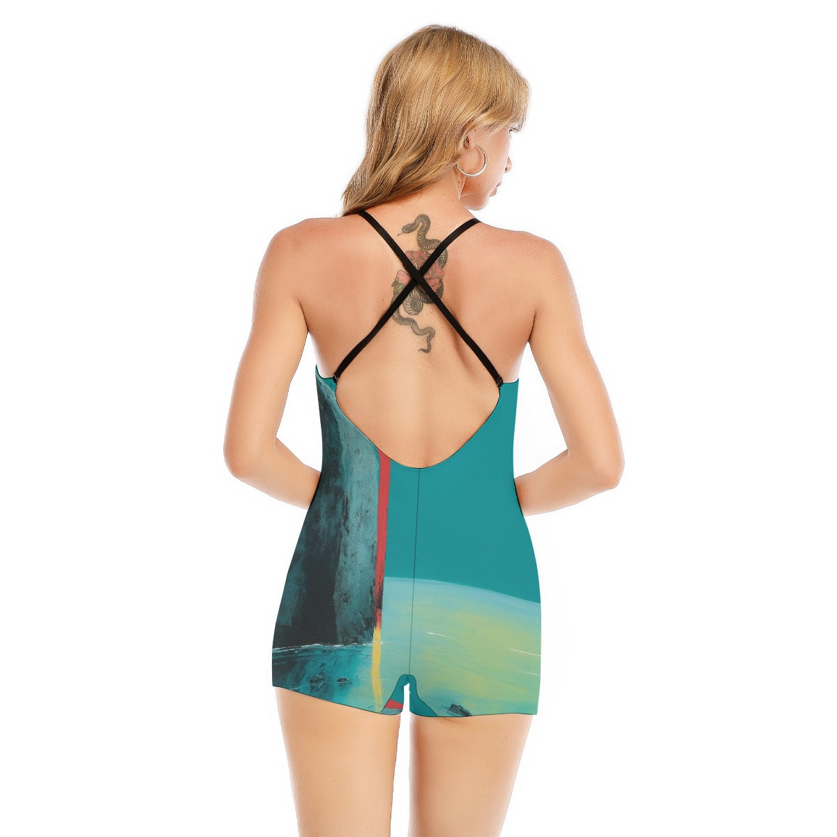 All-Over Print Women's Backless Romper With Black Straps