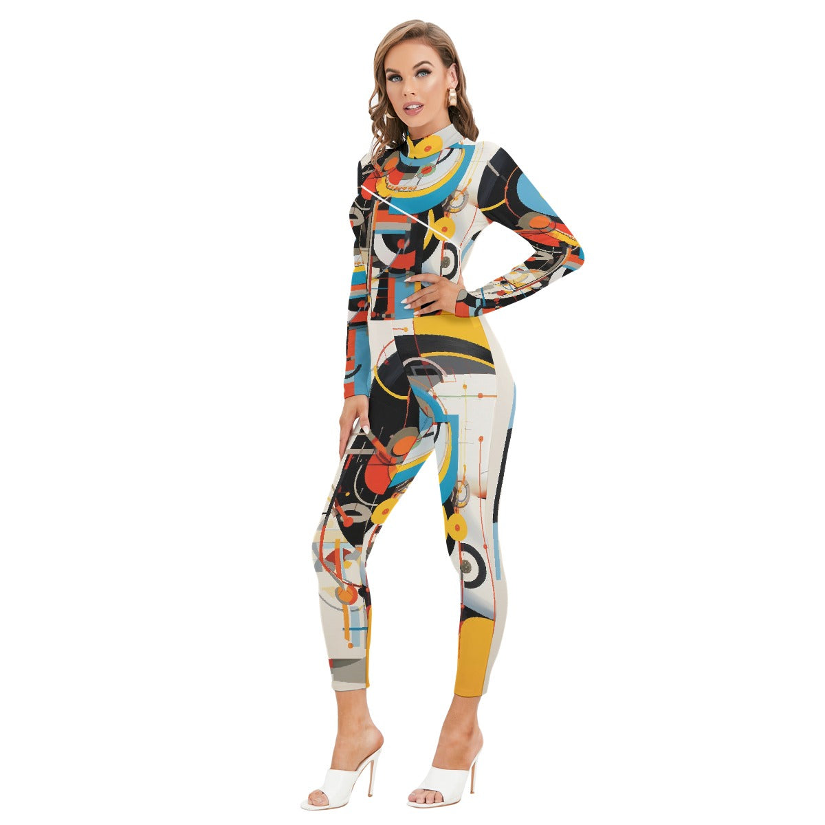 All-Over Print Women's Long-sleeved High-neck Jumpsuit With Zipper