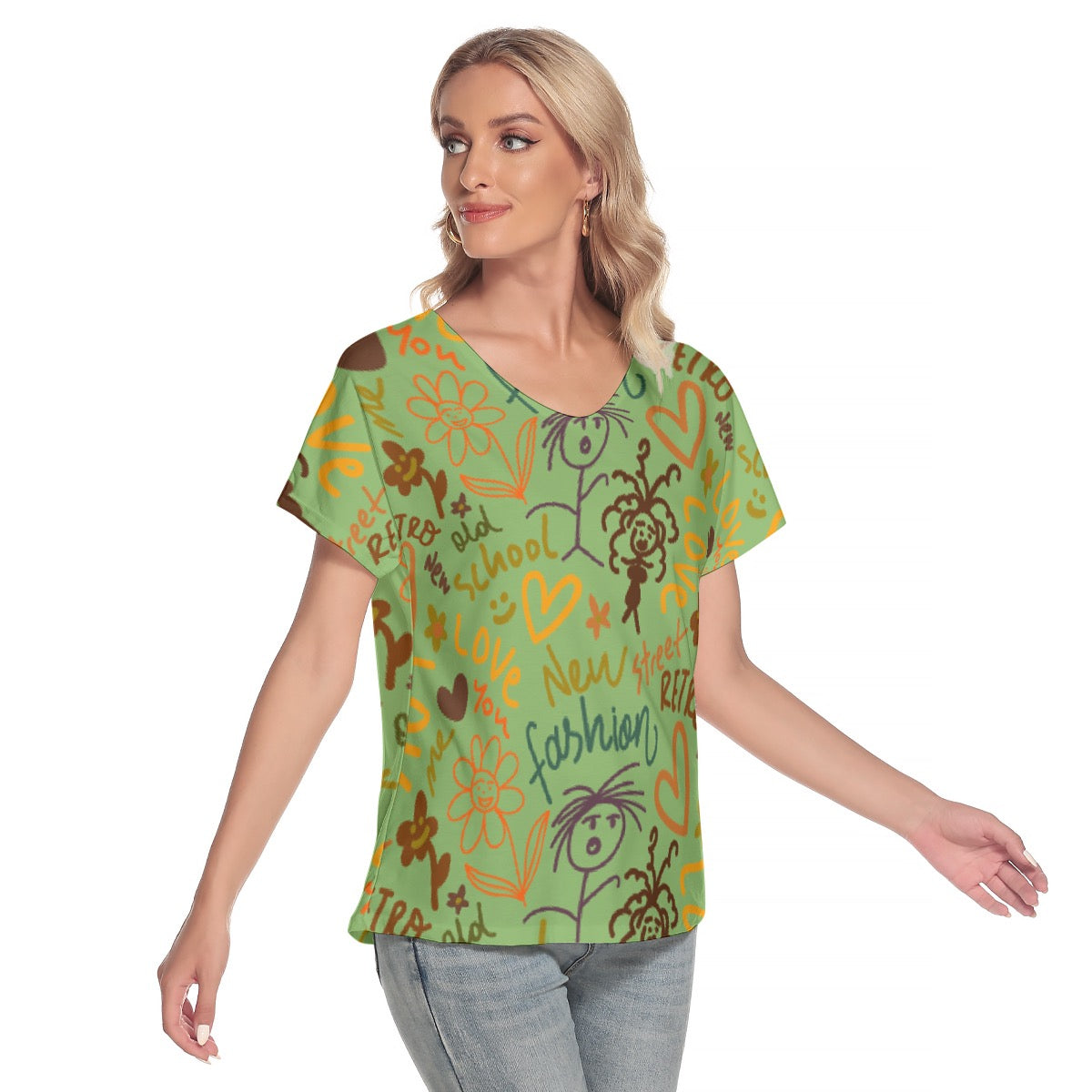 All-Over Print Women's Loose V-neck Short Sleeve T-shirt