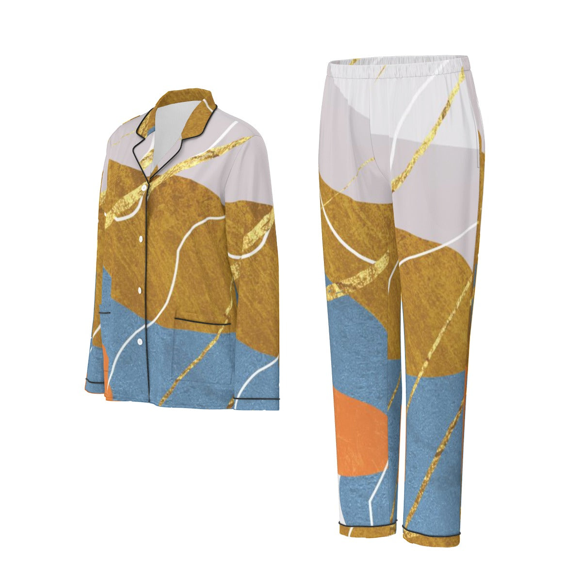 All-Over Print Women's Long Sleeve Pajama Set With Black Contrast Piping