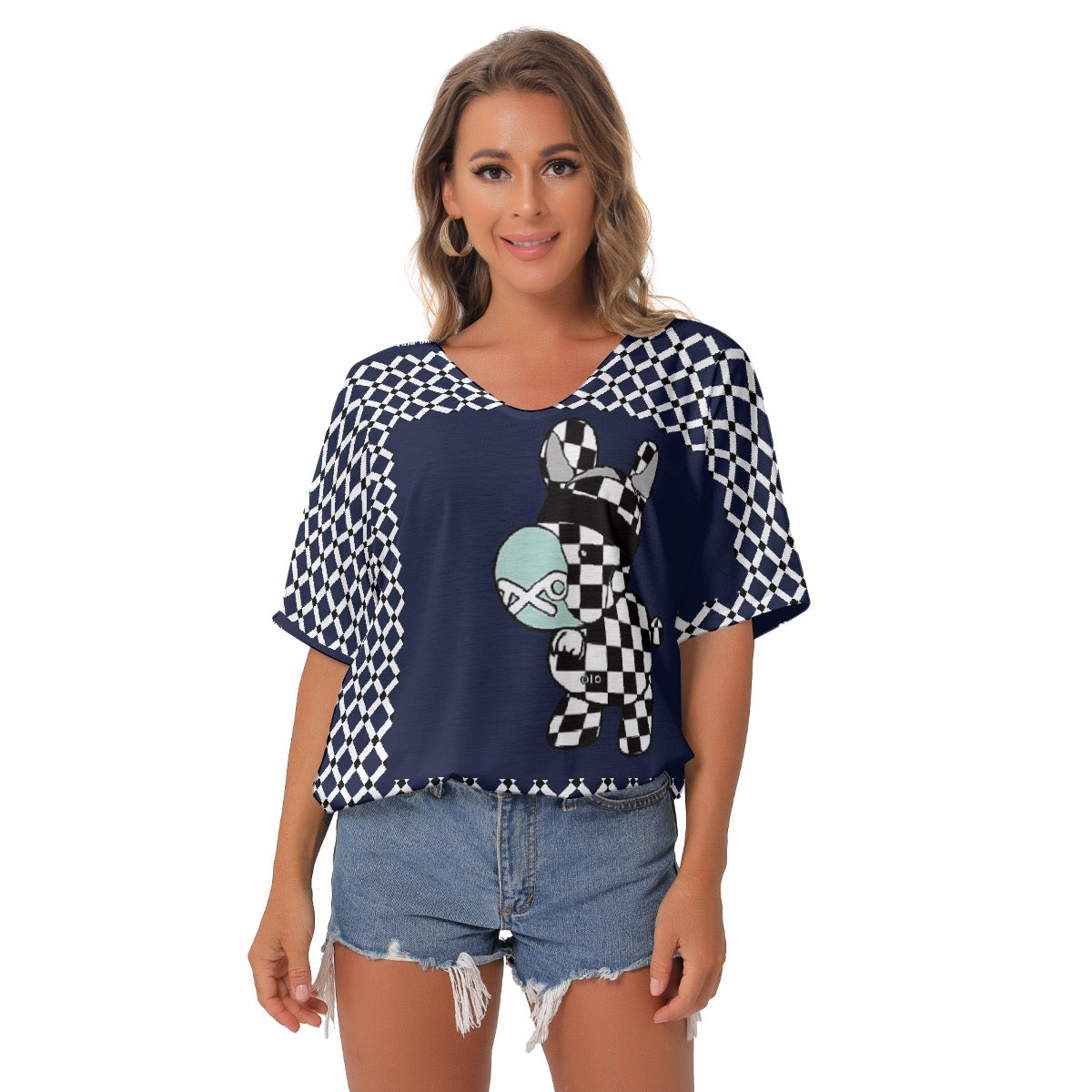 All-Over Print Women's Bat Sleeves V-Neck Blouse